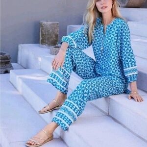 Soft Surroundings Narah Palazzo High Rise Wide Leg Geometric Blue Pants, Size M